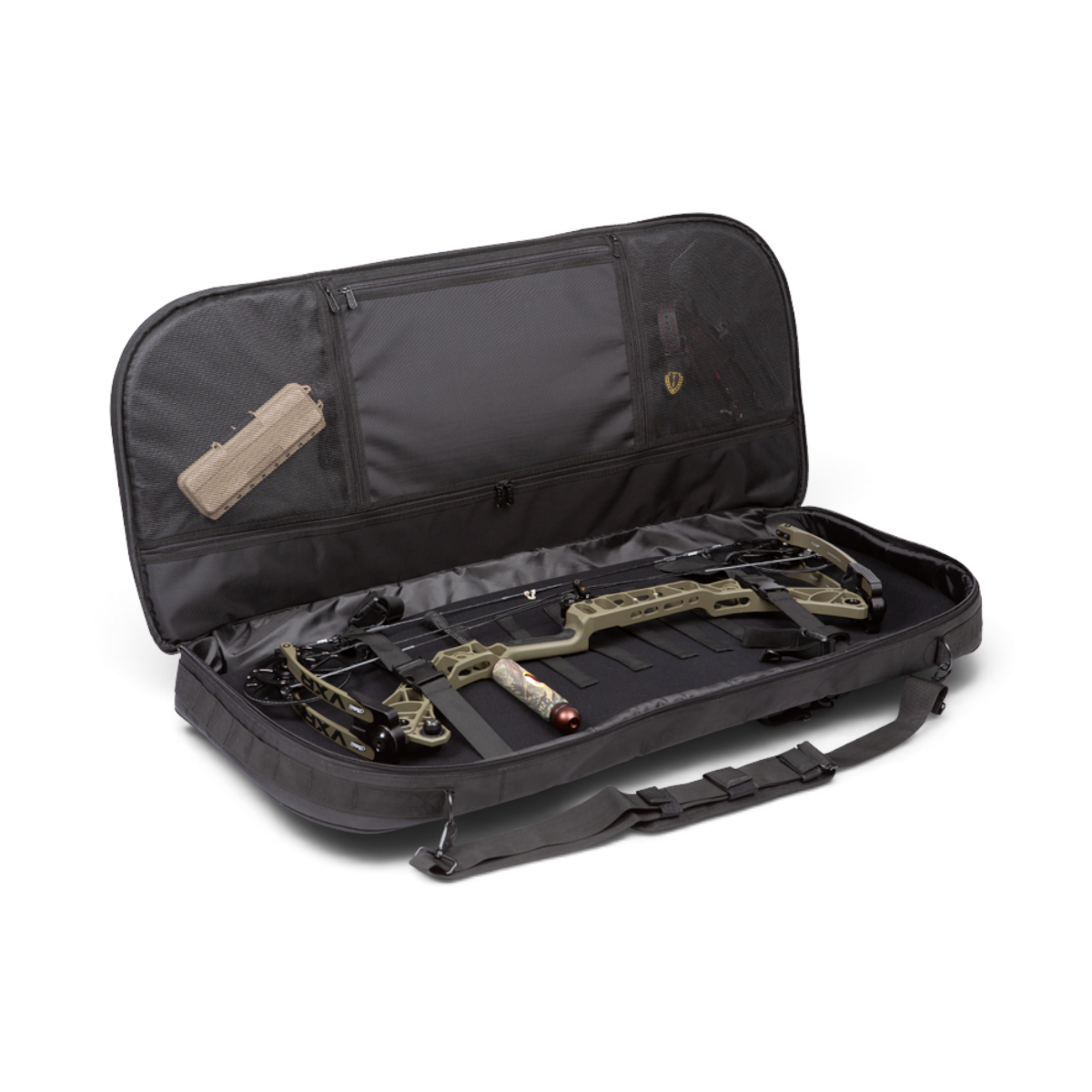 SKB Cases archery backpack in black 600 Denier fabric holding a compound bow with interior accessory pockets