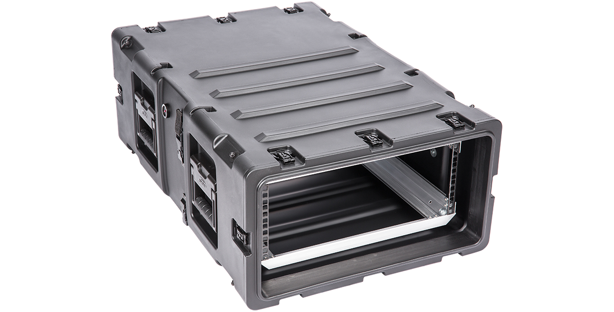 Angled front view of 4U Deep Shock Rack - Equipment Protection | Lightweight 30-inch deep shockproof case for electronics and pro audio gear.