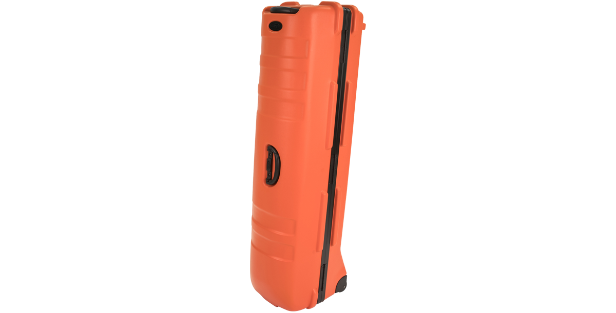 Side profile of ATA Staff Pro XL Golf Travel Case with ergonomic side handle, designed for easy upright rolling and storage.