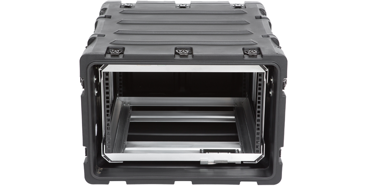 Front-facing view of 6U RR Series Rack - 20-inch Deep Shock Rack with open access to internal mounting system.