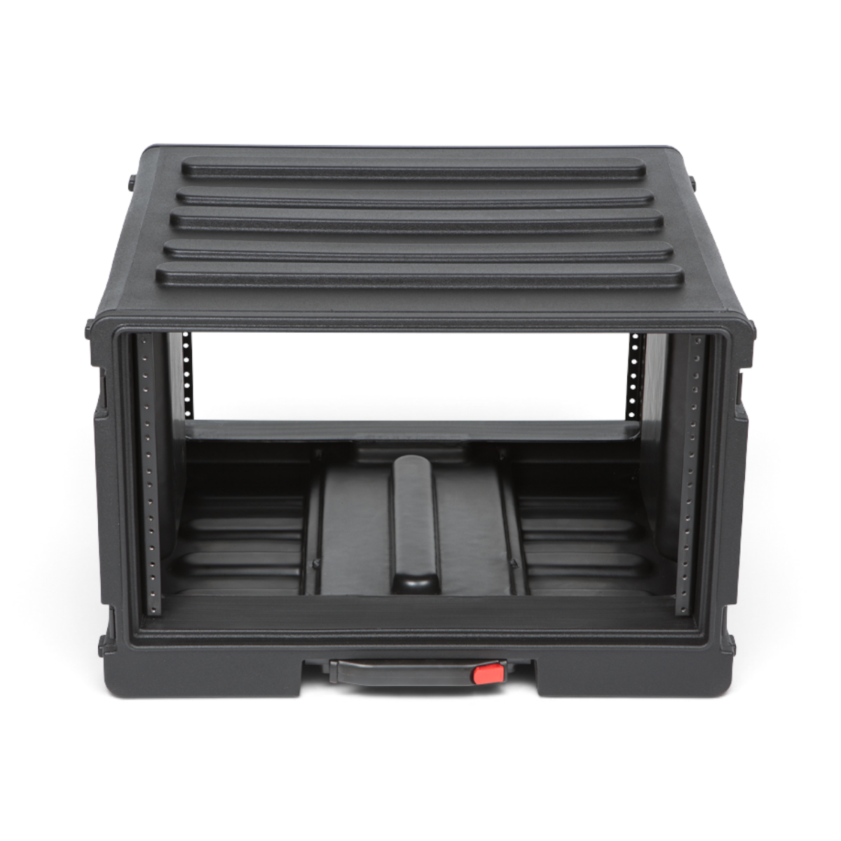 Front view of the 6U Rolling Rack - Durable and Portable Storage by SKB, showing open rack space and roto-molded construction.