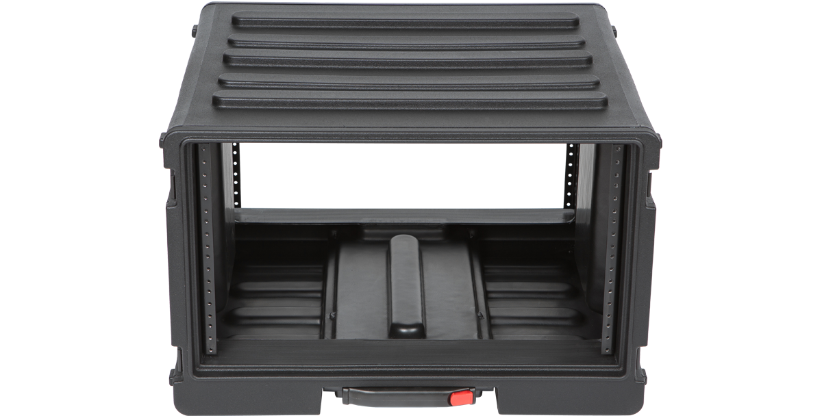Front view of the 6U Rolling Rack - Durable and Portable Storage by SKB, showing open rack space and roto-molded construction.