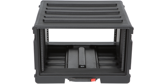 Front view of the 6U Rolling Rack - Durable and Portable Storage by SKB, showing open rack space and roto-molded construction.