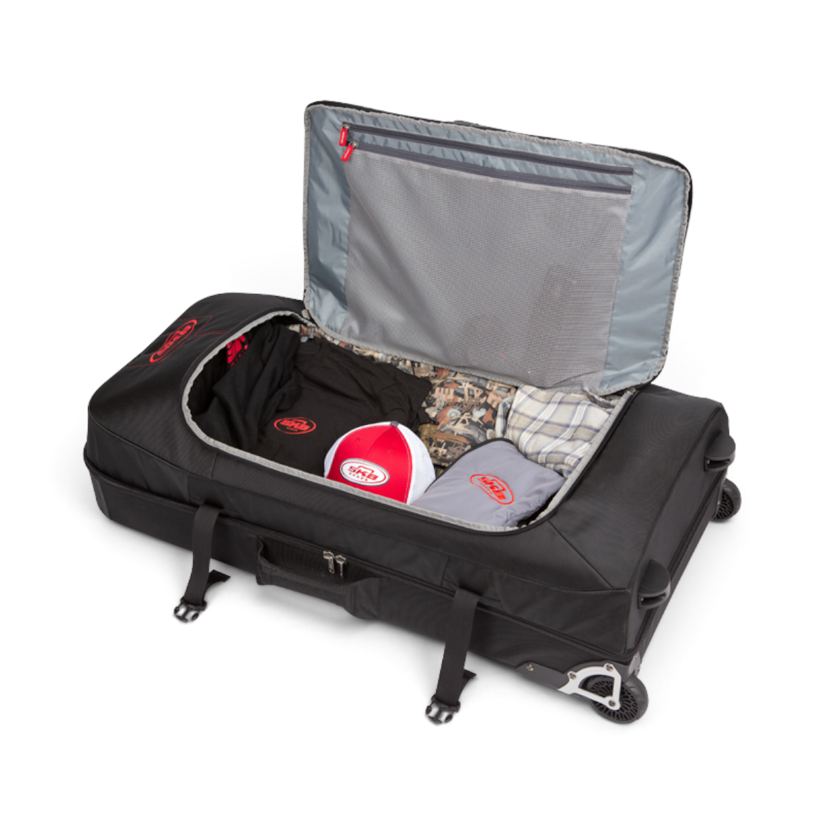 SKB Cases Bow Traveler black rolling gear bag with open main compartment showing packed clothing and accessories