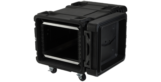 Angled open view of 28-Inch Shock Rack showing adjustable rails and rugged design for secure server transport and storage.