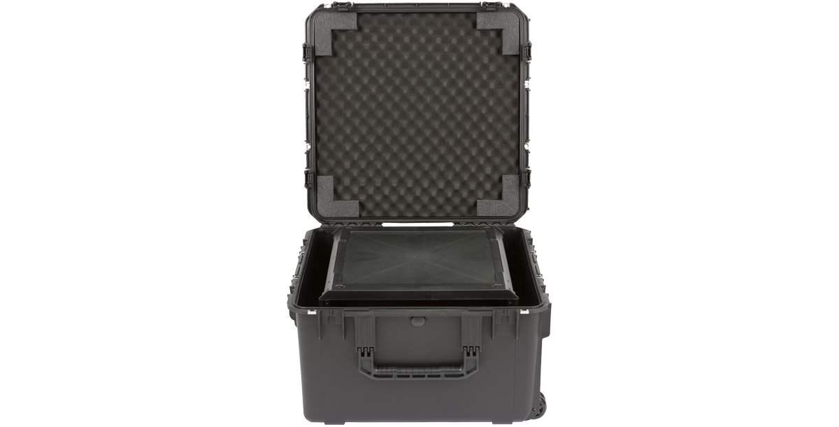 6U SKB Fly Rack Injection Molded flyRack with foam-lined interior and open lid, offering secure, cushioned storage for pro audio equipment.
