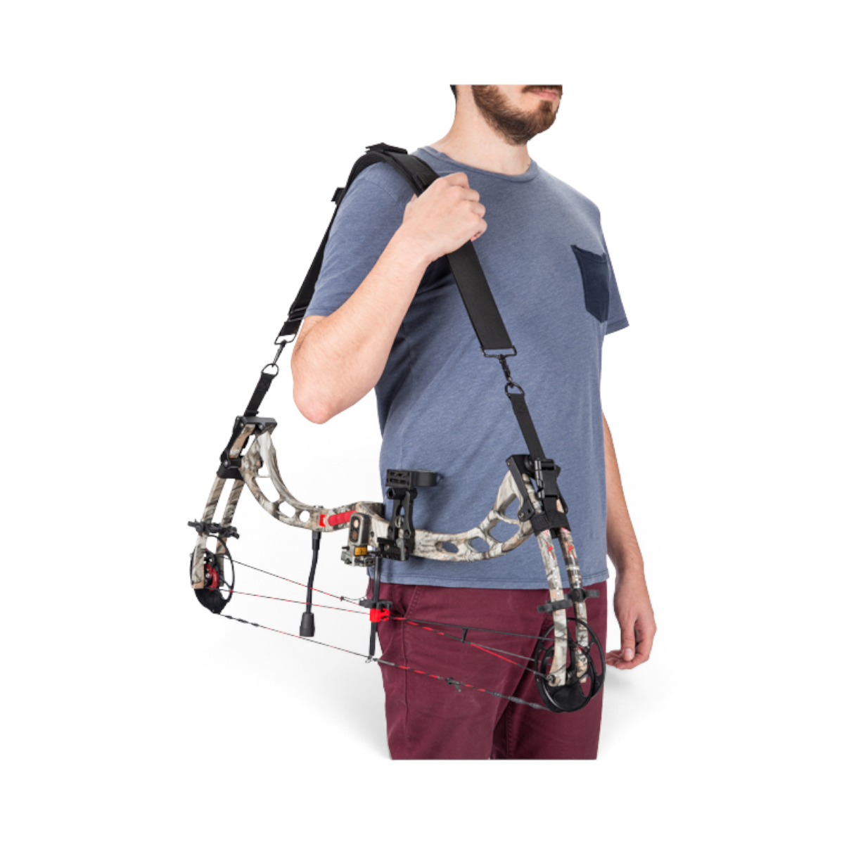 SKB Cases archery bow carried by a man using a durable shoulder strap, featuring a camouflage pattern compound bow.