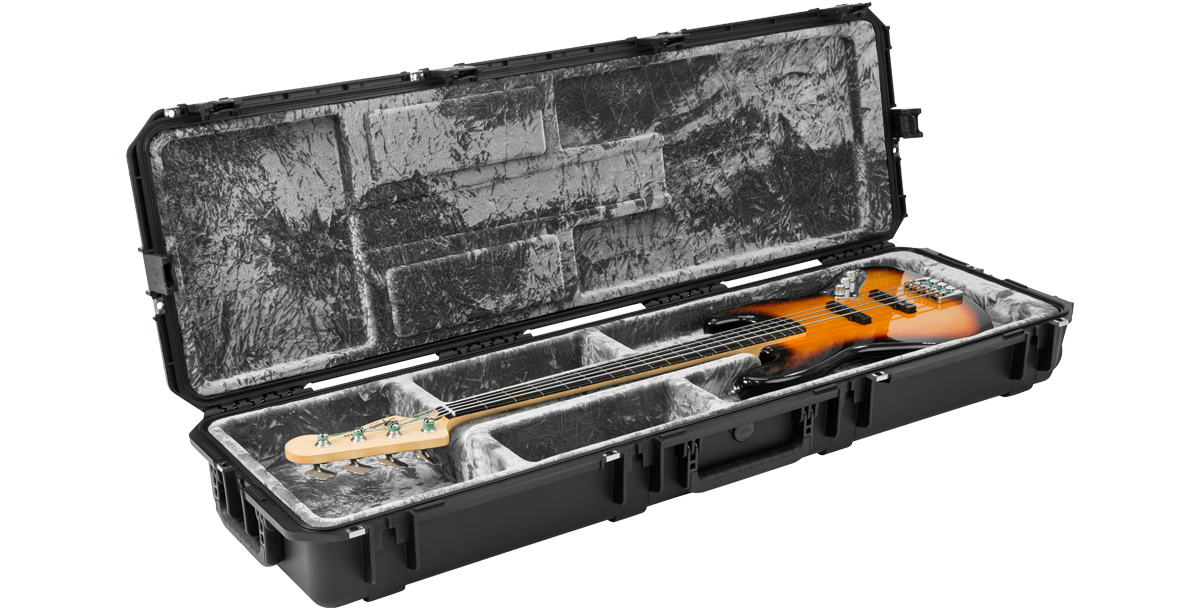 iSeries Waterproof Bass Guitar Case with bass guitar inside, angled to show interior padding and reinforced shell design.