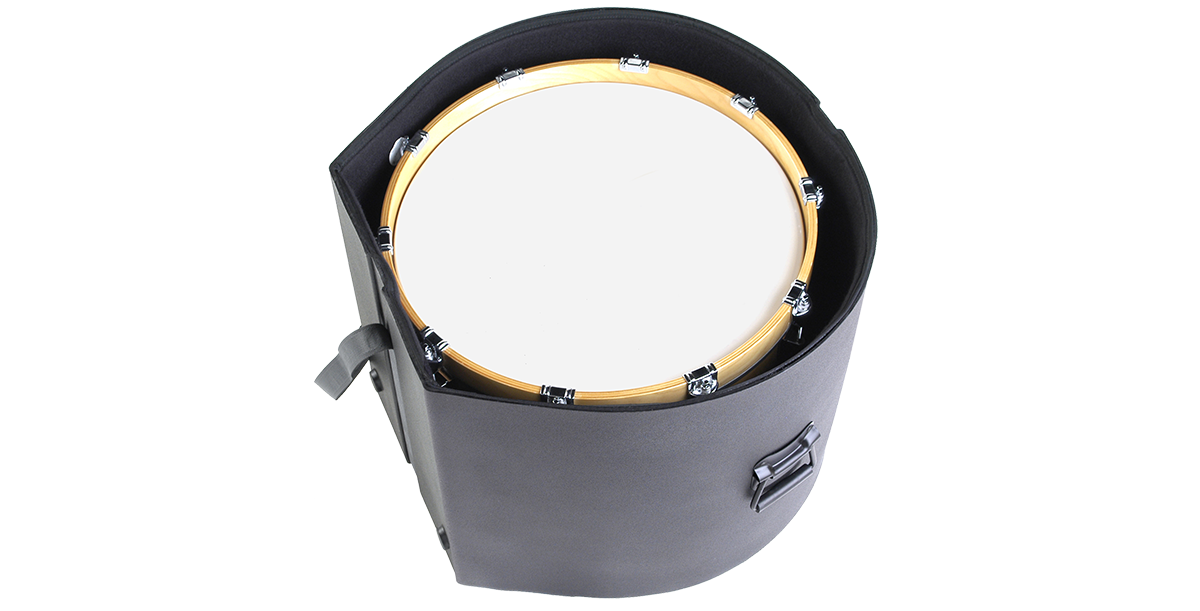 14 x 24 Marching Bass Drum Case holding a bass drum inside, demonstrating fit and protective interior for marching-band use.