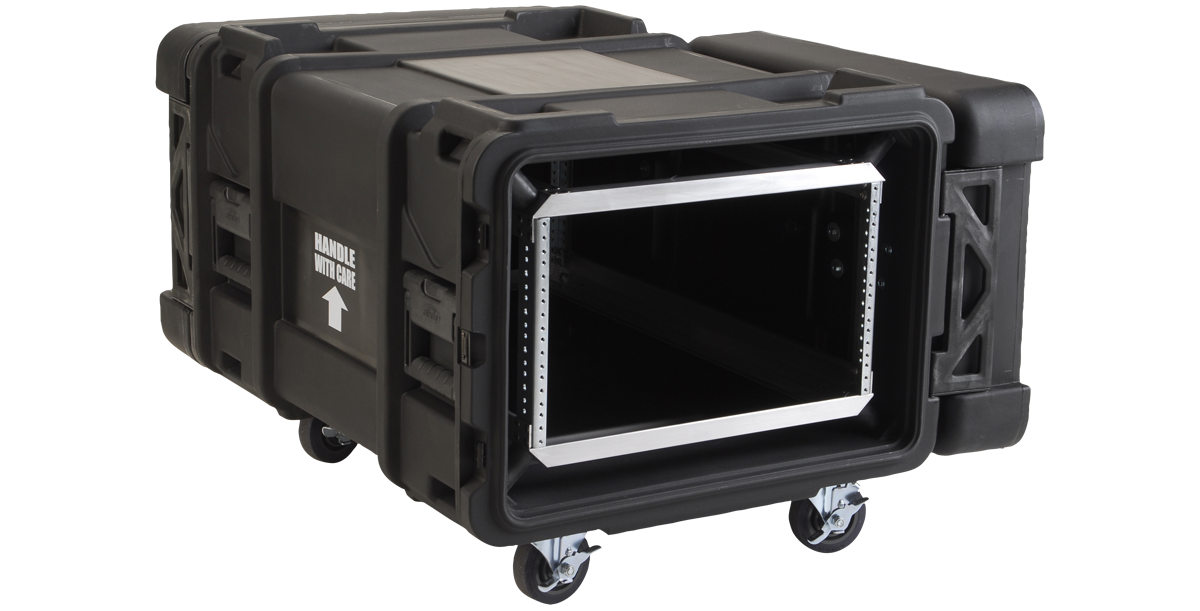 Side open view of 30-inch 6U rSeries Shock Rack Case, highlighting internal rack frame and shock-absorbing design for IT and audio gear.