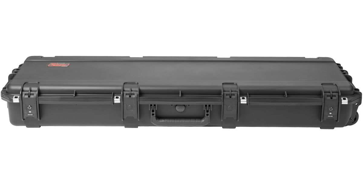 Front view of Waterproof Bass Guitar Case featuring TSA-approved locking latches and reinforced handle for secure transport.