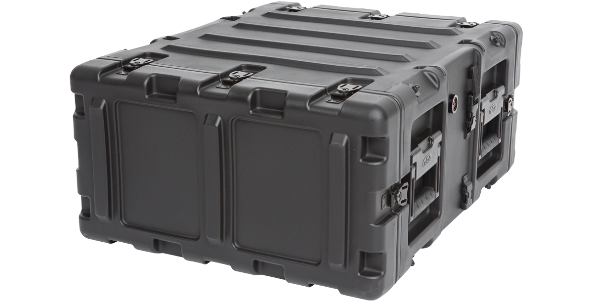 Angled rear view of 4U Shock Rack Case - 20-Inch with molded exterior and secure latches for shockproof electronics transport.