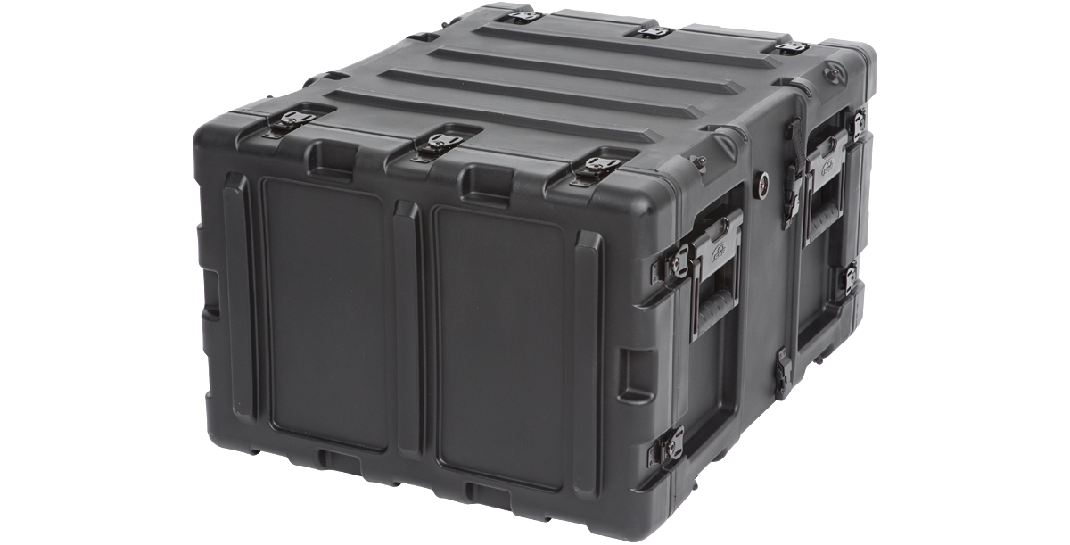 Rear angled view of 6U RR Series Rack - 20-inch Deep Shock Rack showing rugged exterior and secure locking system.
