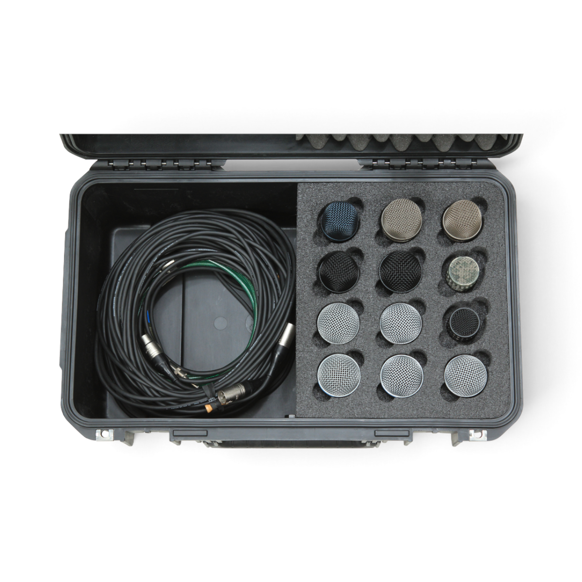 SKB Cases iSeries 12-mic waterproof case with foam interior holding twelve microphones and coiled XLR cables