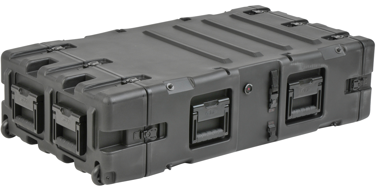 Back view of SKB 3U 30-inch Shock Rack Case with molded handles and secure latches for watertight and shockproof protection.