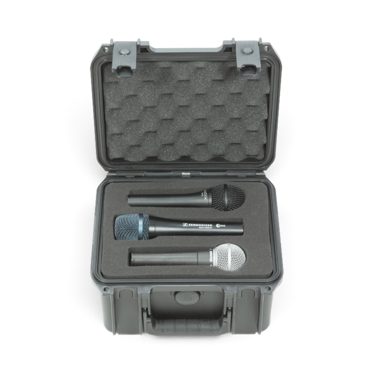 SKB Cases iSeries 0907-6 waterproof microphone case with foam interior holding three handheld microphones.