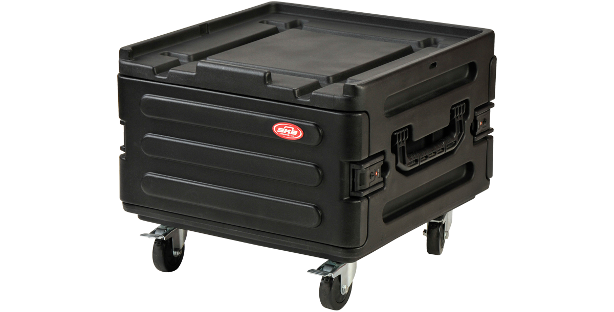 Side view of Rack Case with Wheels - Expandable Roto Molded, highlighting rugged construction and ergonomic handles for mobility.