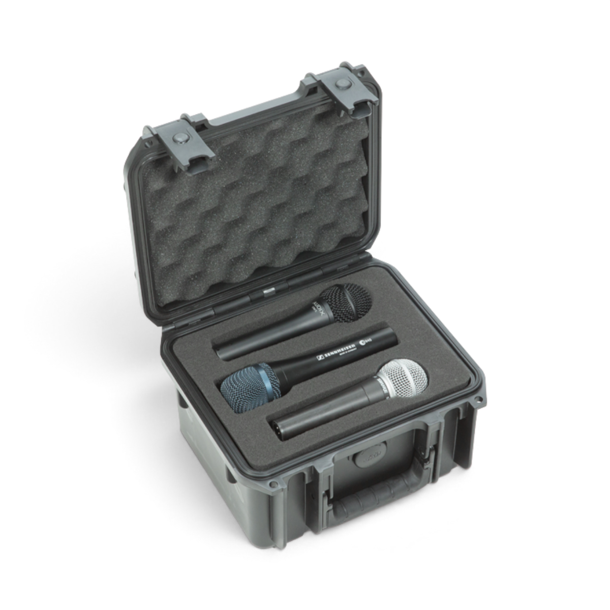 SKB Cases iSeries waterproof microphone case with foam interior holding three handheld microphones