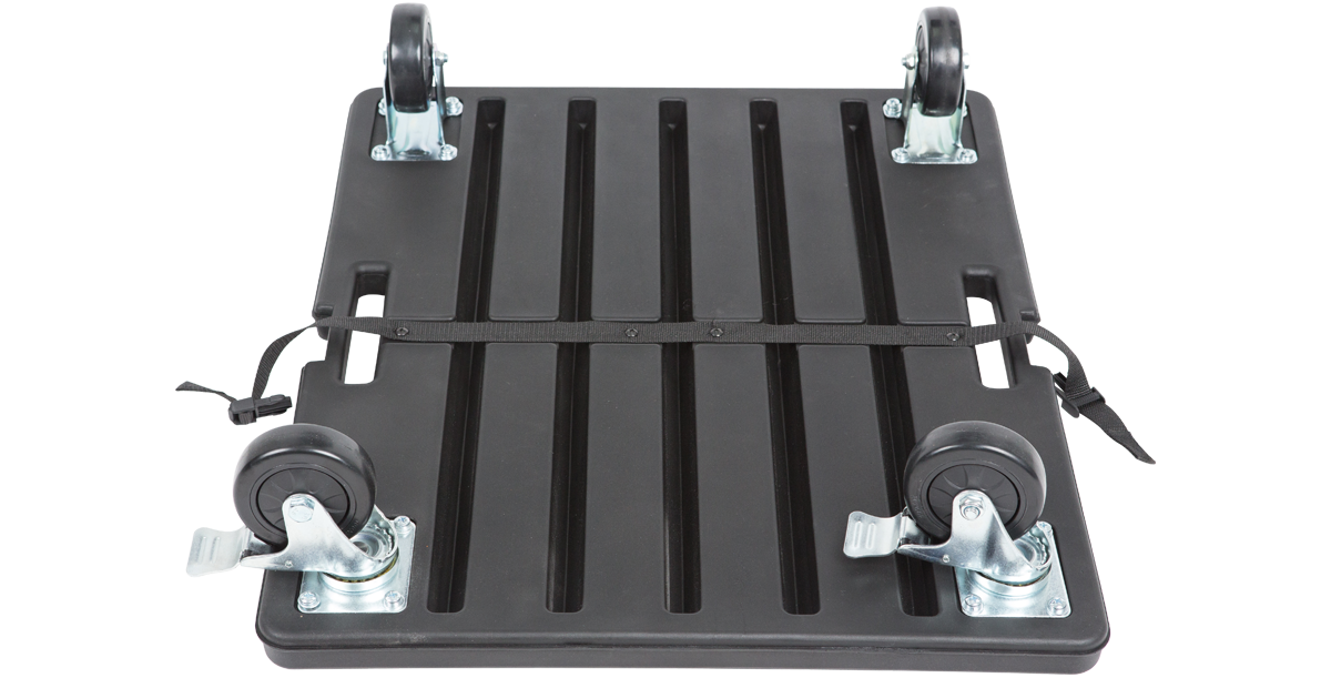 Bottom view of shock rack caster platform with four caster wheels and integrated straps for secure case attachment.
