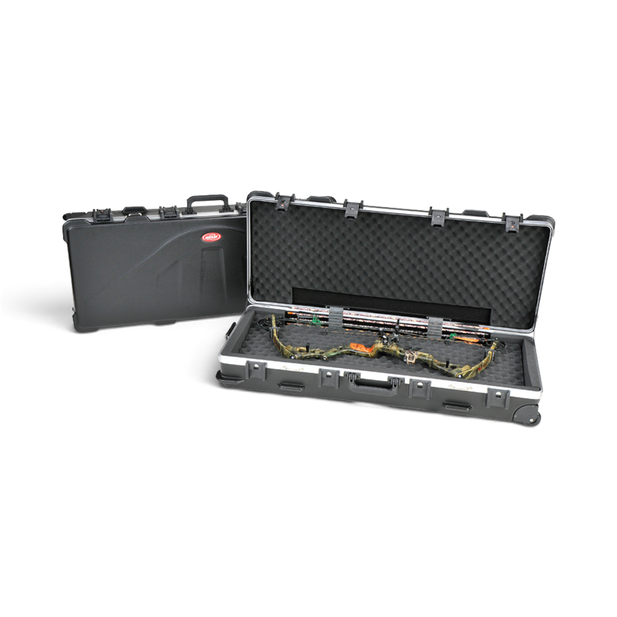 SKB Cases ATA double bow case in black polyethylene with foam interior, shown open with a camo bow and closed.