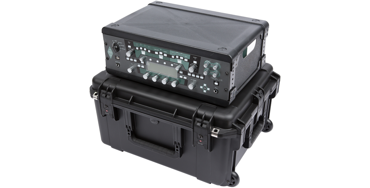 Angled view of Injection Molded Fly Rack with Kemper Profiler on iSeries case, highlighting shock-resistant and travel-ready features.