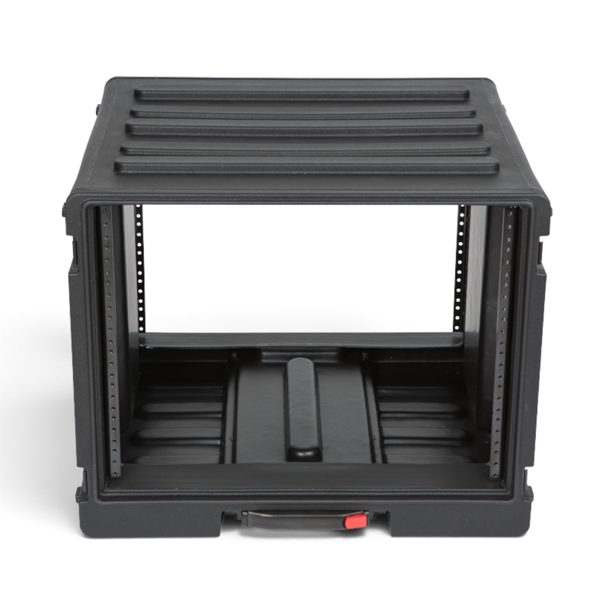 Front-facing empty 8U SKB Rolling Rack showing reinforced rack rails and deep interior for accommodating various audio accessories.