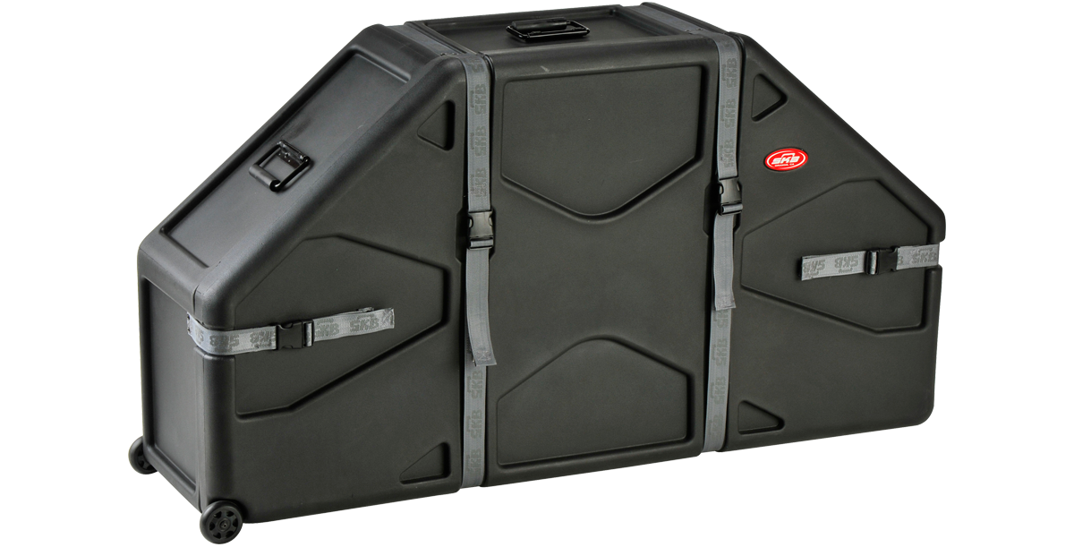Side view of Marching Quad Quint Case with molded handles and wheels. Built for durability and mobility in marching band settings.