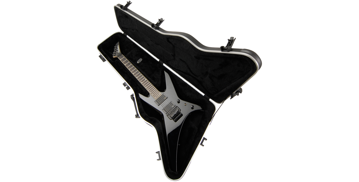 Explorer® electric guitar secured inside Firebird Guitar Case featuring TSA locks and a contoured plush interior for maximum protection.
