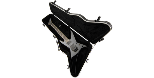 Explorer® electric guitar secured inside Firebird Guitar Case featuring TSA locks and a contoured plush interior for maximum protection.