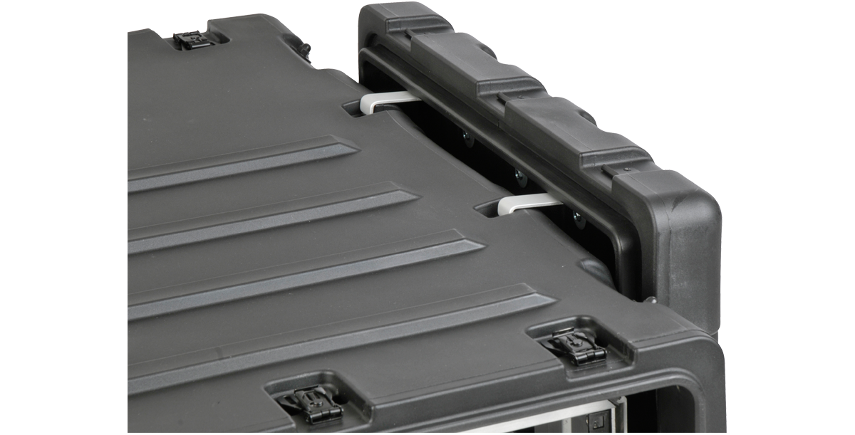Close-up of SKB 3U Shock Rack Case lid showing shock-absorbing mount system for secure electronic equipment protection.