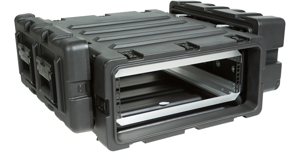 24-Inch RS Series Shock Rack with open front and rear lids, showcasing internal mounting frame for pro audio gear.