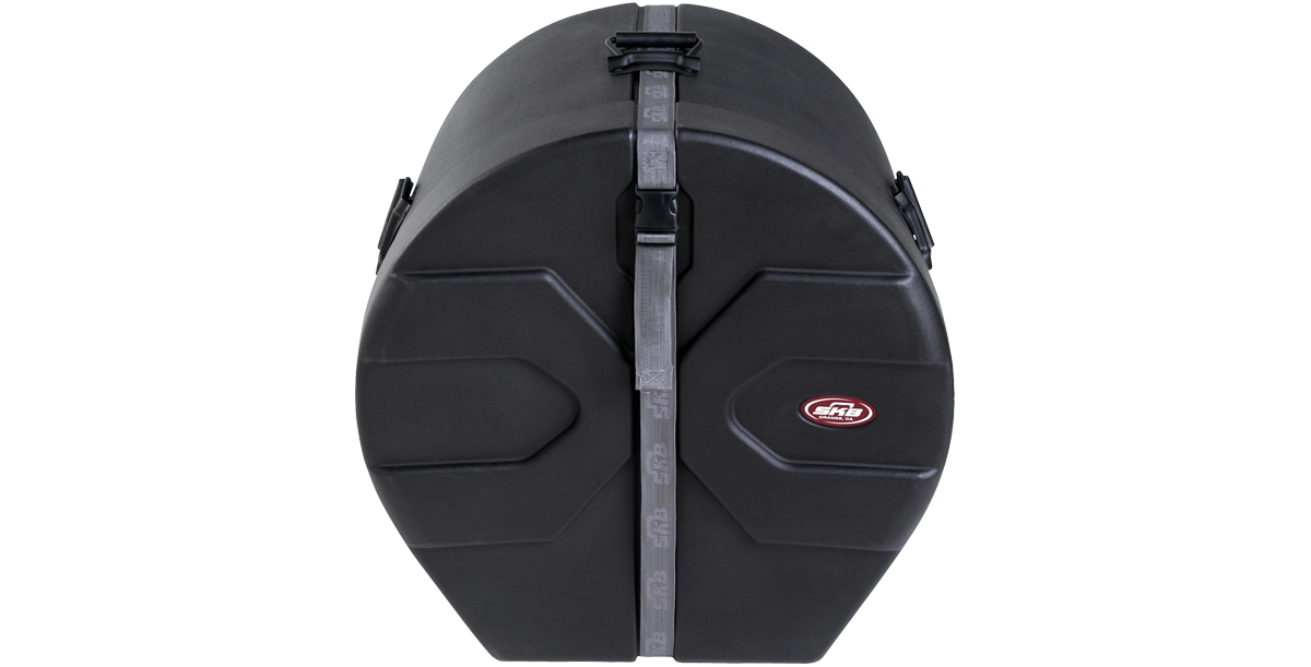 Bass Drum Case 16x20 - Roto-molded with durable exterior, front view showing secure strap and molded Roto-X pattern for stacking.