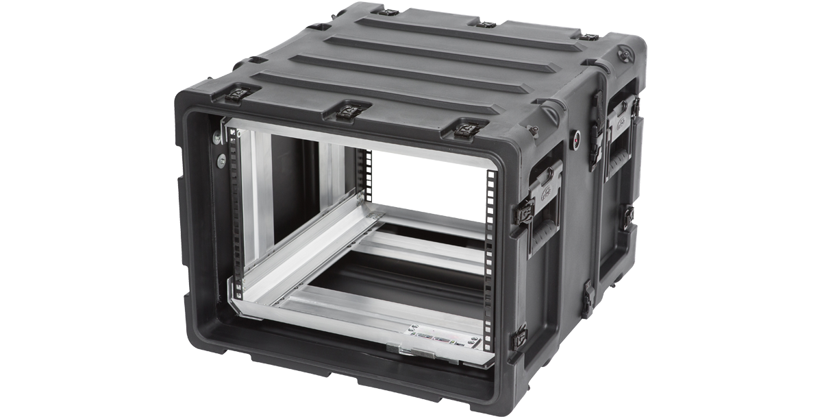 Durable 20-inch Shock Rack Case with side handles and open front, perfect for pro audio and electronic gear transport.