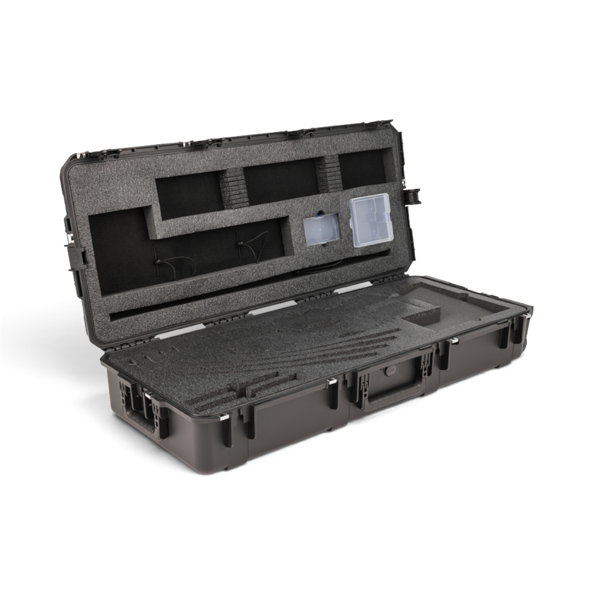 SKB Cases iSeries 4217-7 double recurve bow case with custom foam interior for risers, limbs, and archery accessories.