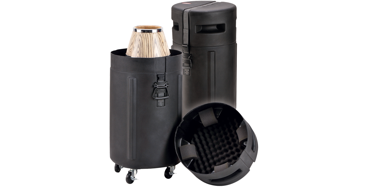 Universal Conga Case with Wheels open to reveal interior foam padding and a conga drum inside, ideal for percussion transport and protection.