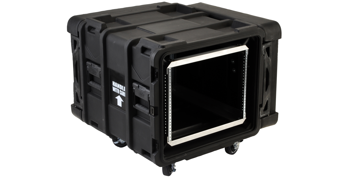 Side angle of open 8U 24-inch Shock Rack Case, displaying internal rack frame and shock-mount system for sensitive server or audio equipment.