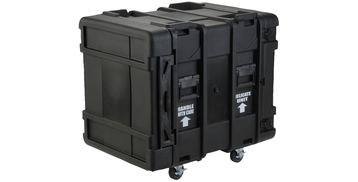 Side-rear angled view of 12U Deep Shock Rack - 24-inch Roto showing reinforced handles and MIL-SPEC rugged case design for pro-audio and server transport.