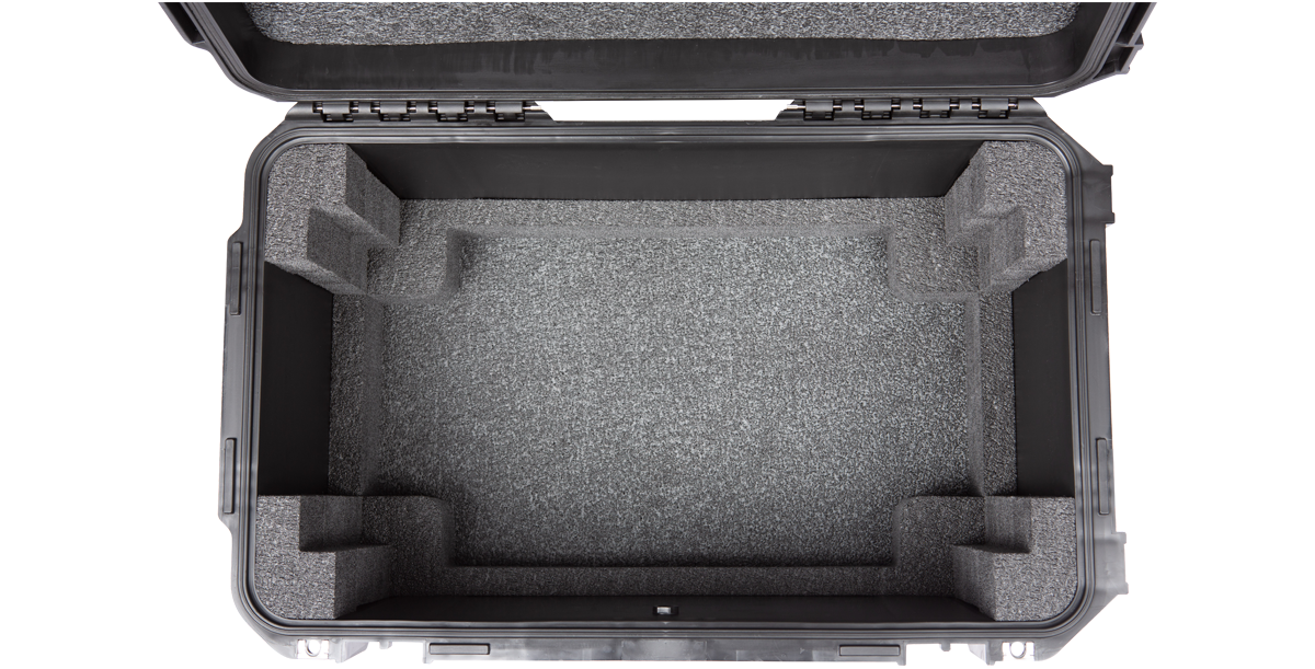 Top-down view of empty 4U iSeries Fly Rack case with custom foam cutouts for secure shallow rack equipment placement.