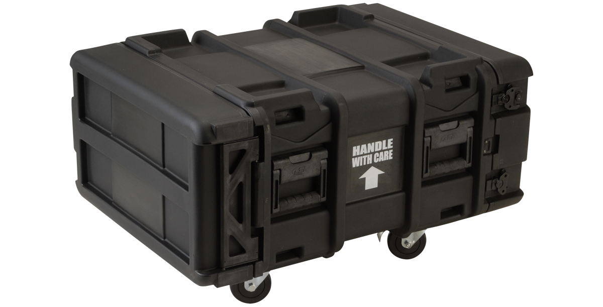 Angled rear view of sealed 24 inch deep shock rack with rugged wheels and reinforced corners for heavy-duty transport applications.