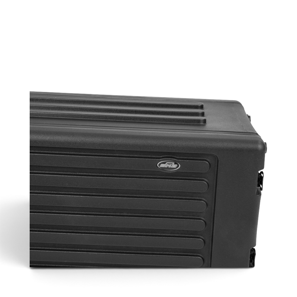 SKB Cases 6U rSeries shallow rolling rack in black polyethylene with recessed steel latches and molded bar design.