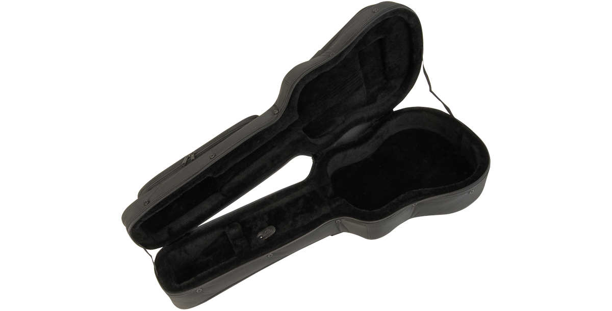 Open Soft Case for Baby Taylor/Martin LX showing plush-lined interior and rigid foam structure for premium guitar protection.