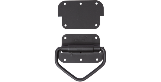 Metal lifting ring with back plate for secure lift support, featuring a sturdy black finish. Ideal accessory for rack and single-lid pro audio cases.