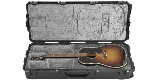 iSeries Guitar Case with acoustic guitar inside, showing waterproof, TSA-lockable design and molded interior for secure neck support.