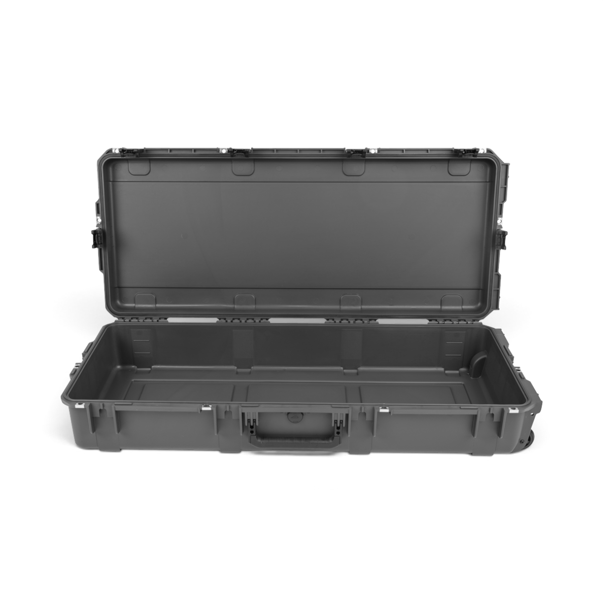 SKB Cases iSeries 4217-7 Overland waterproof storage case in charcoal grey with an open lid and durable latch system.