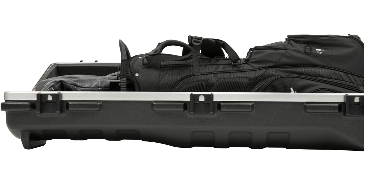 Side view of ATA Staff Pro XL Golf Travel Case with black golf bag, highlighting secure fit and protective hard shell design.