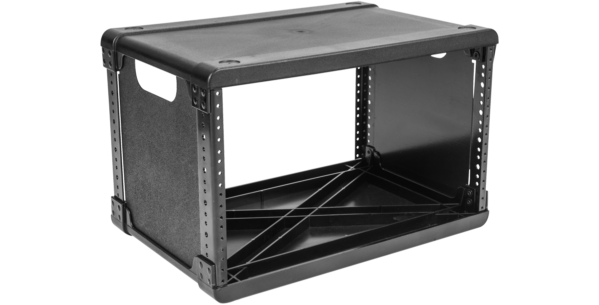 Lightweight 6U Fly Rack Frame with injection molded structure and reinforced edges, designed for quick deployment and stacking.