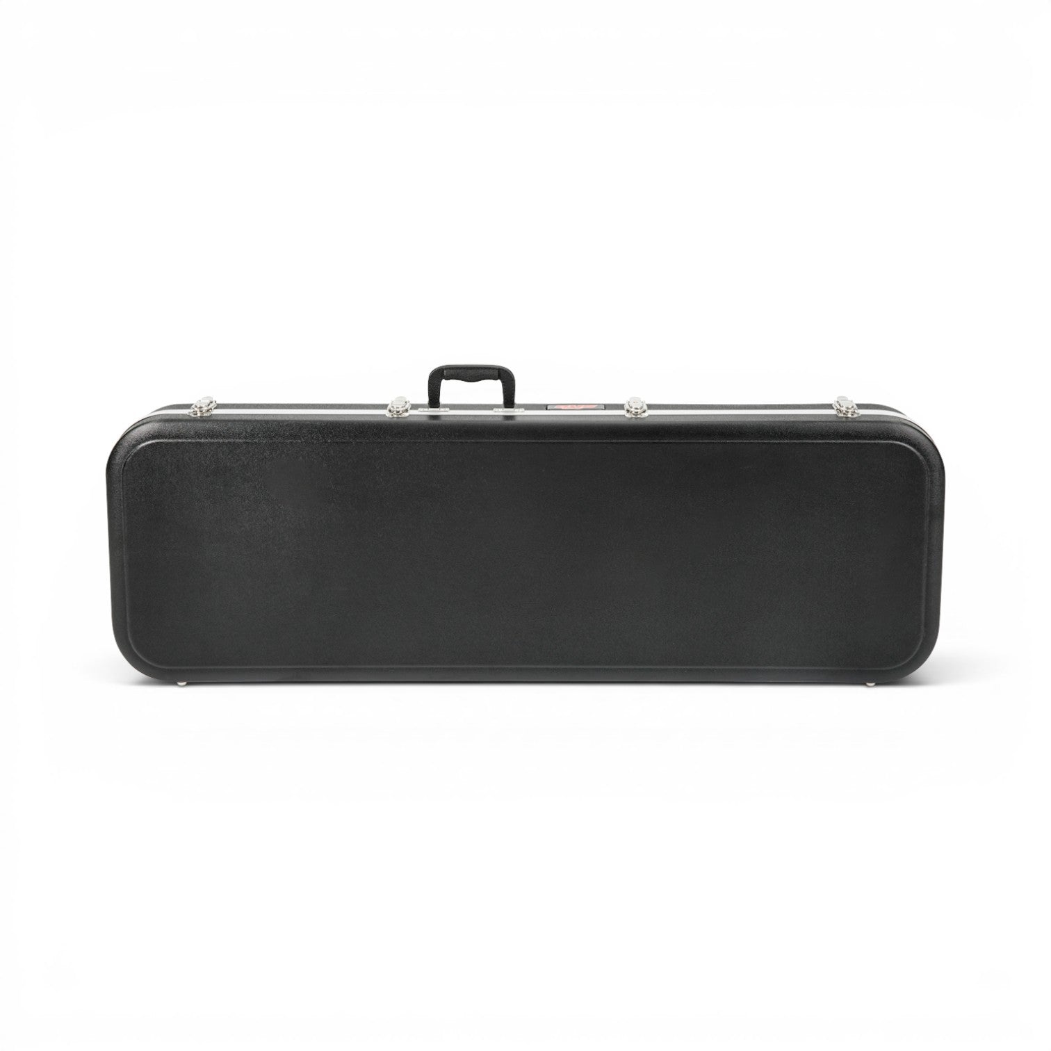 Front view of closed Electric Bass Guitar Case - Economy with textured black exterior and secure locking latches for safe transport.