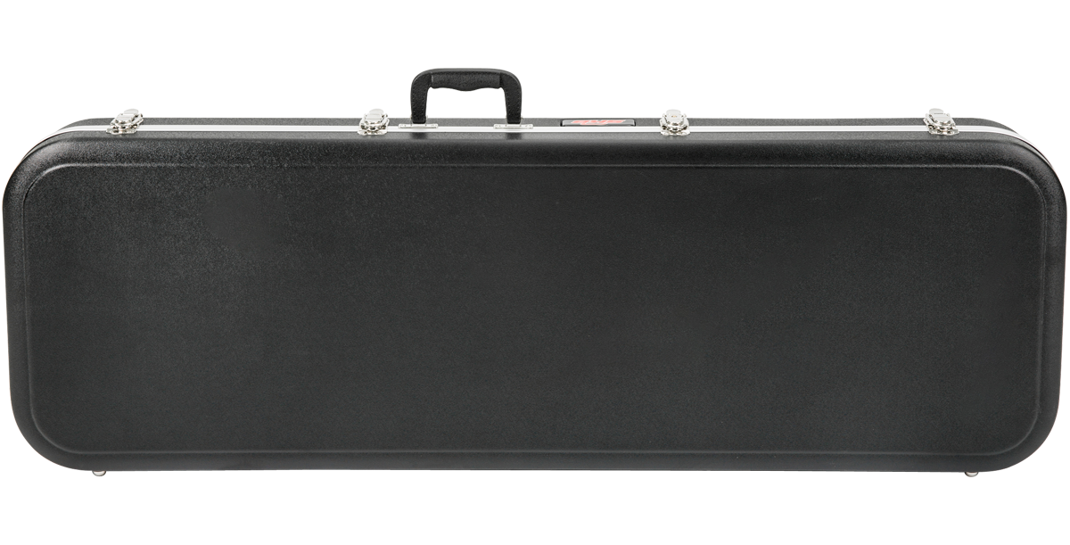 Front view of closed Electric Bass Guitar Case - Economy with textured black exterior and secure locking latches for safe transport.