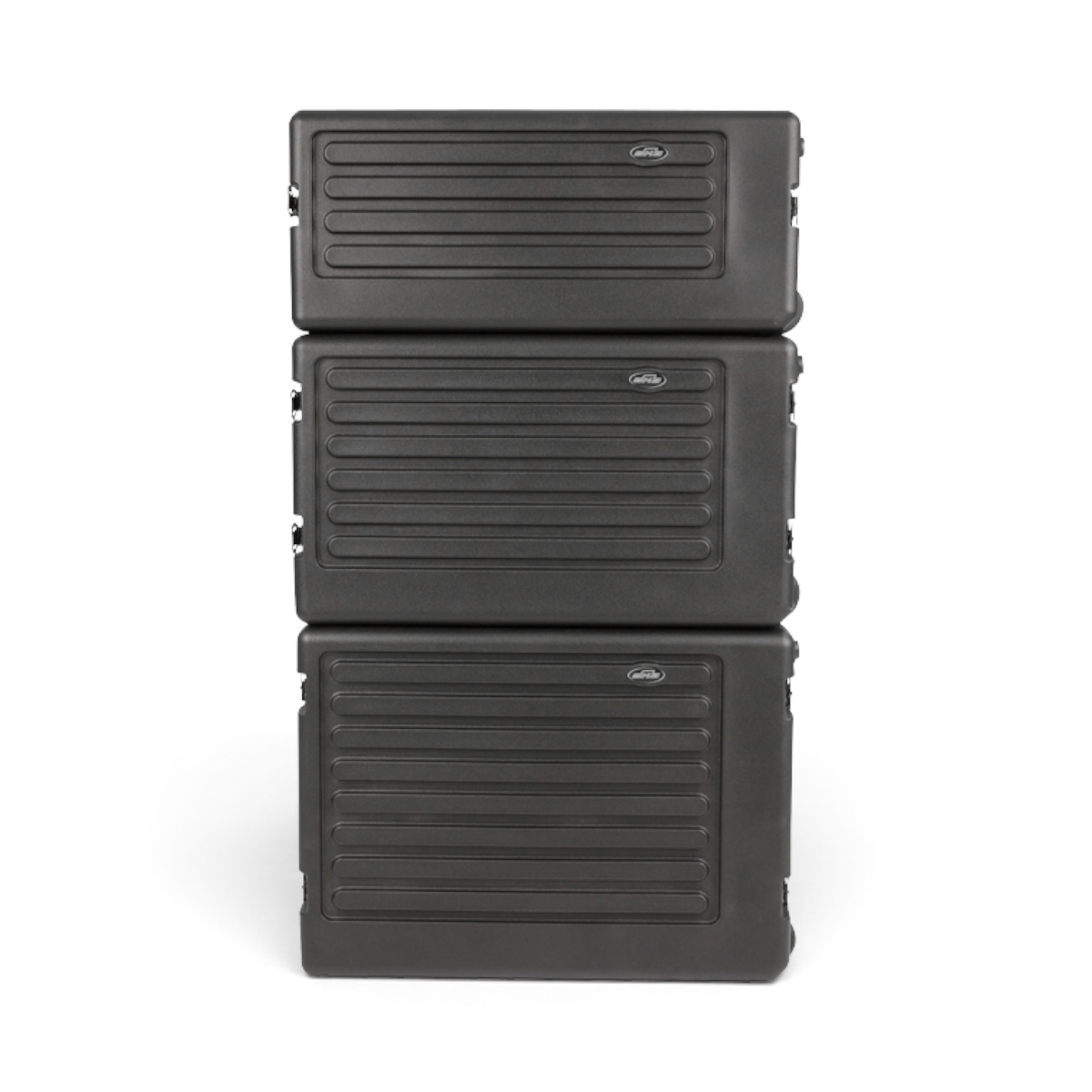 SKB Cases 8U rSeries shallow rolling rack in black, featuring a durable roto-molded polyethylene design.