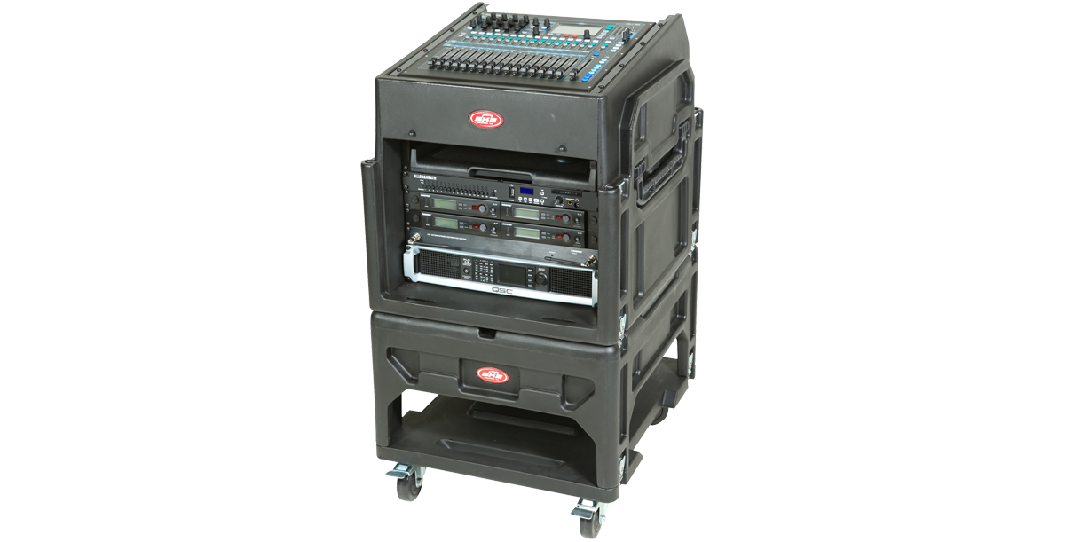 High-performance SKB Gig Rig case with 12U rack space and 8U top mixer mount, ideal for secure pro audio gear storage and transport.
